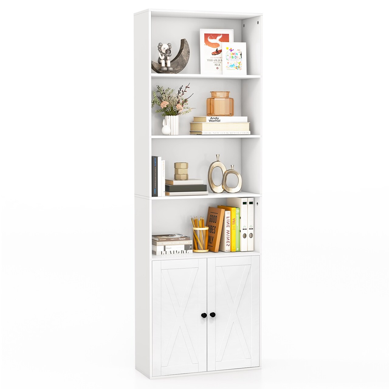 Costway 71" Farmhouse Bookcase with Doors with 6 Shelves & 2-Door Cabinet for Bedroom White/Black